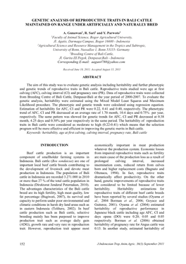 Genetic Analysis of Reproductive Traits in Bali Cattle Maintained on Range Under Artificially and Naturally Bred