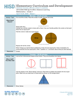 2019-2020 HISD @ HOME Distance Learning Mathematics