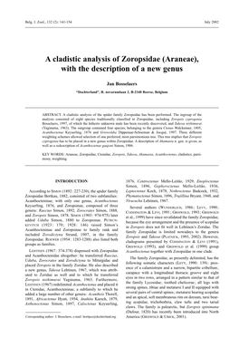 A Cladistic Analysis of Zoropsidae (Araneae), with the Description of a New Genus