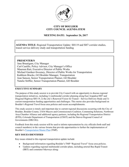 Regional Transportation Update: SH119 and SH7 Corridor Studies, Transit Service Delivery Study and Transportation Funding