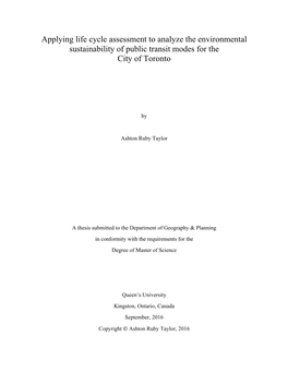 Applying Life Cycle Assessment to Analyze the Environmental Sustainability of Public Transit Modes for the City of Toronto