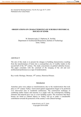 OBSERVATIONS on CHARACTERISTICS of SUBURBAN HISTORICAL HOUSES of IZMIR M. Hamamcioglu, E. Dipburun, K. Serifaki Department of Ar