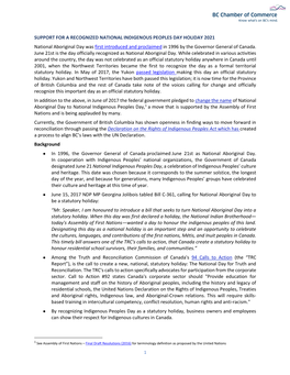 SUPPORT for a RECOGNIZED NATIONAL INDIGENOUS PEOPLES DAY HOLIDAY 2021 National Aboriginal Day Was First Introduced and Proclaime