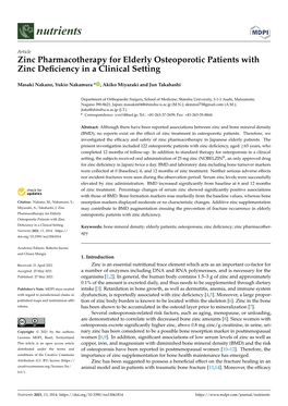 Zinc Pharmacotherapy for Elderly Osteoporotic Patients with Zinc Deﬁciency in a Clinical Setting