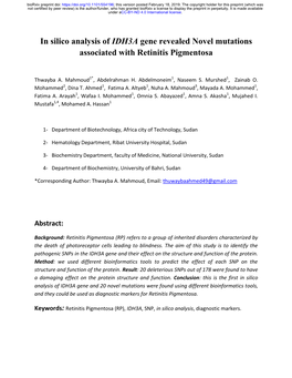 In Silico Analysis of IDH3A Gene Revealed Novel Mutations Associated with Retinitis Pigmentosa