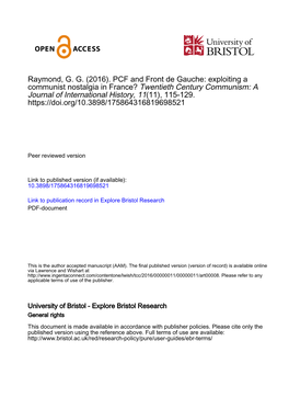 PCF and Front De Gauche: Exploiting a Communist Nostalgia in France? Twentieth Century Communism: a Journal of International History, 11(11), 115-129