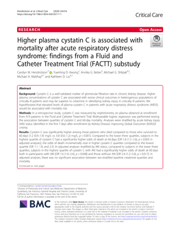 Higher Plasma Cystatin C Is Associated with Mortality After Acute