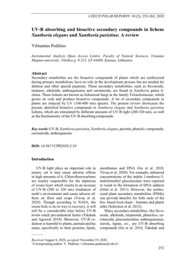 UV-B Absorbing and Bioactive Secondary Compounds in Lichens Xanthoria Elegans and Xanthoria Parietina: a Review