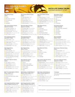 Golden Globes Ballot Watch Live Sunday on Nbc Coverage Begins at 7Et/4Pt