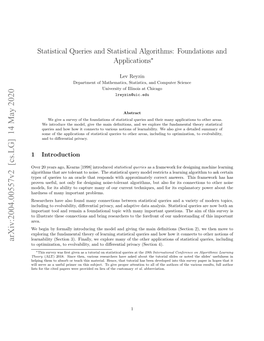 Statistical Queries and Statistical Algorithms: Foundations and Applications∗