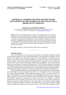 Tourism As a Possible Solution for the Future Development of the Commune of Husasău De Tinca, Bihor County, Romania