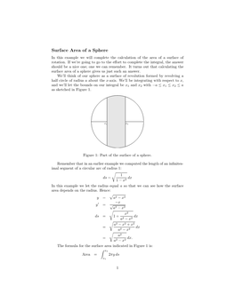 Surface Area of a Sphere in This Example We Will Complete the Calculation of the Area of a Surface of Rotation