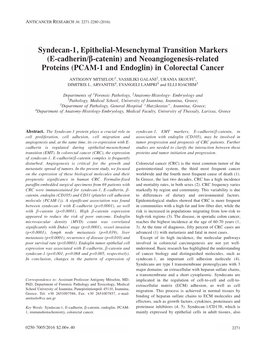 Syndecan-1, Epithelial-Mesenchymal Transition Markers (E-Cadherin/Β-Catenin) and Neoangiogenesis-Related Proteins (PCAM-1 and Endoglin) in Colorectal Cancer