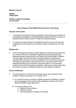 Wiltshire Council Cabinet 15 May 2018 Children's Select Committee 19 June 2018 Interim Report of the SEND School Provision