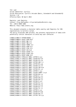 TLD: Сайт Script Identifier: Cyrillic Script Description: Cyrillic Unicode (Basic, Extended-A and Extended-B) Version: 1.0 Effective Date: 02 April 2012