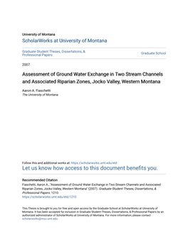 Assessment of Ground Water Exchange in Two Stream Channels and Associated Riparian Zones, Jocko Valley, Western Montana