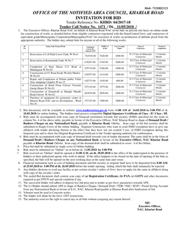 OFFICE of the NOTIFIED AREA COUNCIL, KHARIAR ROAD INVITATION for BID Tender Reference No
