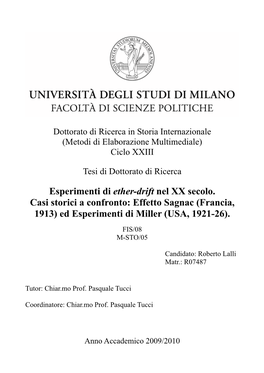 Ed Esperimenti Di Miller (USA, 1921-26)