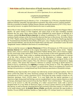 Pehr Kalm and His Observation of North American Nymphalis Antiopa (L.) (1749) with Notes and Discussion of LINNEAN Specimens, KALM, and Characters