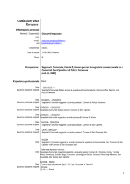 Curriculum Vitae Europass Informazioni Personali Nome(I) / Cognome(I) Giovanni Impastato Cell