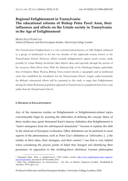 Regional Enlightenment in Transylvania: the Educational Reforms of Bishop Petru Pavel Aron, Their Influences and Effects On