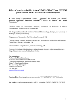 Effect of Genetic Variability in the CYP4F2, CYP4F11 and CYP4F12 Genes on Liver Mrna Levels and Warfarin Response