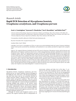 Research Article Rapid PCR Detection of Mycoplasma Hominis, Ureaplasma Urealyticum,Andureaplasma Parvum