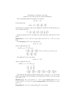 Divergence, Gradient and Curl Based on Lecture Notes by James