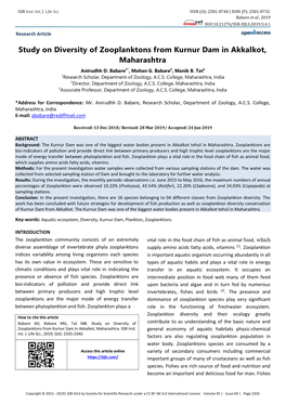 Study on Diversity of Zooplanktons from Kurnur Dam in Akkalkot, Maharashtra Anirudhh D