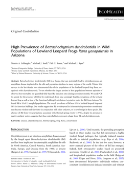 High Prevalence of Batrachochytrium Dendrobatidis in Wild Populations of Lowland Leopard Frogs Rana Yavapaiensis in Arizona