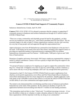 Cameco COVID-19 Relief Fund Supports 67 Community Projects