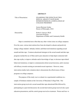 Examining the Effects of Two Sexual Assault/ Date Rape Interventions in a Population of College Freshmen