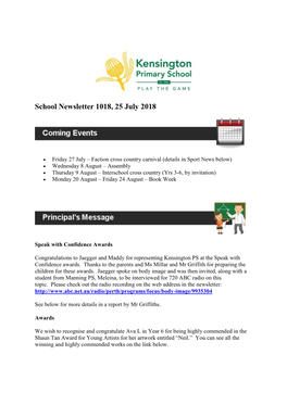 School Newsletter 1018, 25 July 2018