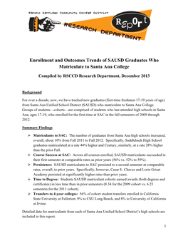 Enrollment and Outcomes Trends of SAUSD Graduates Who Matriculate to Santa Ana College