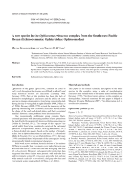 A New Species in the Ophiocoma Erinaceus Complex from the South-West Paciﬁ C Ocean (Echinodermata: Ophiuroidea: Ophiocomidae)