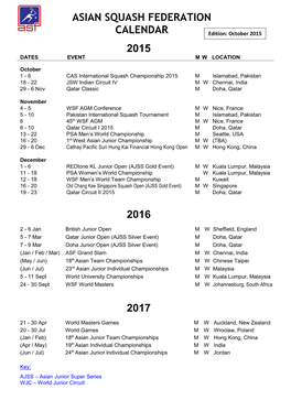 Asian Squash Federation Calendar 2015 2016 2017