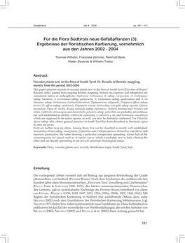 Für Die Flora Südtirols Neue Gefäßpflanzen (3): Ergebnisse Der Floristischen Kartierung, Vornehmlich Aus Den Jahren 2002 - 2004