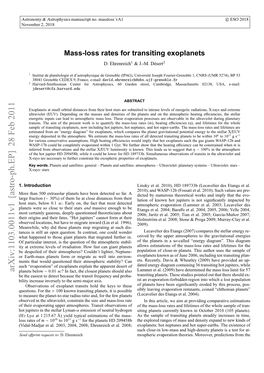 Mass-Loss Rates for Transiting Exoplanets Energy Diagram Enable to Estimate the Observable Transit Signa- Ture of Evaporating Planets (E.G., Ehrenreich Et Al