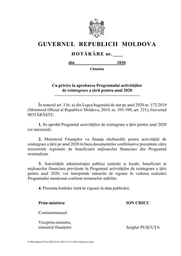 Cu Privire La Aprobarea Programului Activităţilor De Reintegrare a Ţării Pentru Anul 2020