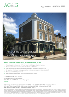 FREE of TIE LEASE for SALE Hackney / London Fields, E8