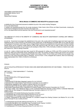 ANSWERED ON:24.07.2015 Dry Ports Reddy,Kotha Prabhakar