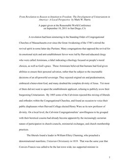 From Revelation to Reason to Intuition to Freedom: the Development of Unitarianism in America—A Local Perspective by Mark W