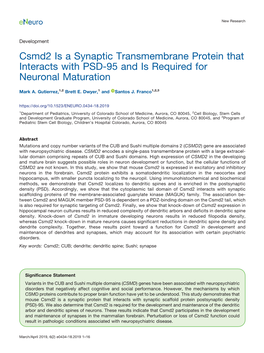 Csmd2 Is a Synaptic Transmembrane Protein That Interacts with PSD-95 and Is Required for Neuronal Maturation