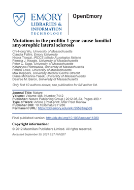 Mutations in the Profilin 1 Gene Cause Familial Amyotrophic Lateral Sclerosis