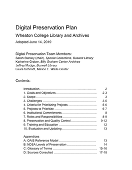 Digital Preservation Plan Wheaton College Library and Archives Adopted June 14, 2019