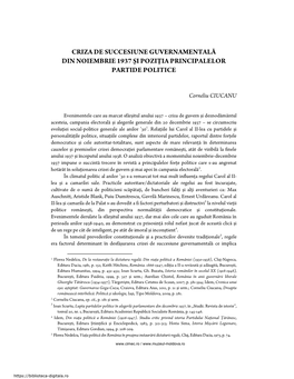 Criza De Succesiune Guvernamentală Din Noiembrie 1937 Şi Poziţia Principalelor Partide Politice