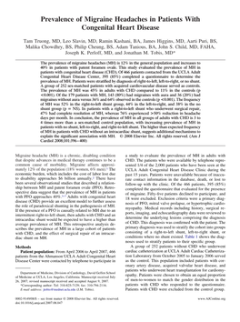 Prevalence of Migraine Headaches in Patients with Congenital Heart Disease