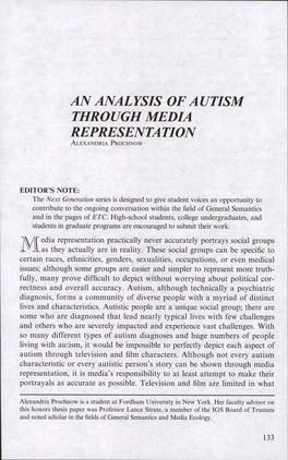 AN ANALYSIS of AUTISM THROUGH MEDIA REPRESENTATION a Lexandria Prochnow