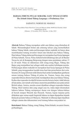 BAHASA TIDUNG PULAU SEBATIK: SATU TINJAUAN DINI the Sebatik Island Tidung Language: a Preliminary View