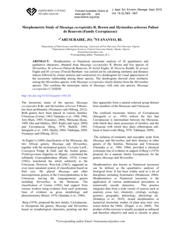 Morphometric Study of Musanga Cecropioides R. Brown and Myrianthus Arboreus Palisot De Beauvois (Family Cecropiaceae)